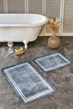 2'li Set Mavi - Beyaz Zeminde Çerçeveli Motifli Otantik Desenli Eskitme Motifli Vintage  2'li Banyo & Mutfak Paspas Takımı Realhomes