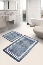 2'li Set Mavi - Beyaz Zeminde Çerçeveli Motifli Otantik Desenli Eskitme Motifli Vintage  2'li Banyo & Mutfak Paspas Takımı Realhomes