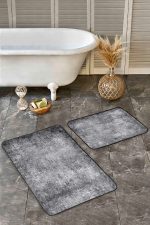 - Realhomes - Realhomes 2'li Set Gri Zeminde Dokuma Halı Motifli Eskitme Desenli Eskitme Motifli Vintage 2'li Banyo & Mutfak Paspas Takımı Realhomes