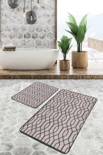 2'li Set Kahverengi Zeminde Geometrik Motifli Örgü Desenli Geometrik Sade & Şık  2'li Banyo & Mutfak Paspas Takımı Realhomes