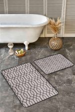 2'li Set Kahverengi Zeminde Geometrik Motifli Örgü Desenli Geometrik Sade & Şık  2'li Banyo & Mutfak Paspas Takımı Realhomes