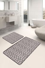 2'li Set Kahverengi Zeminde Geometrik Motifli Örgü Desenli Geometrik Sade & Şık  2'li Banyo & Mutfak Paspas Takımı Realhomes
