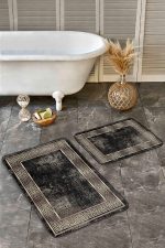 - Realhomes - Realhomes 2'li Set Gold - Siyah Zeminde Çerçeveli Motifli Altın Desenli Geometrik Avangarde 2'li Banyo & Mutfak Paspas Takımı Realhomes