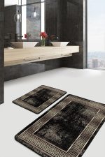 - PaspasTakimi-2li-Set1181-Gorsel - Realhomes 2'li Set Gold - Siyah Zeminde Çerçeveli Motifli Altın Desenli Geometrik Avangarde 2'li Banyo & Mutfak Paspas Takımı Realhomes