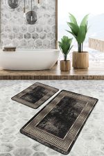 - PaspasTakimi-2li-Set1181-Gorsel-4 - Realhomes 2'li Set Gold - Siyah Zeminde Çerçeveli Motifli Altın Desenli Geometrik Avangarde 2'li Banyo & Mutfak Paspas Takımı Realhomes