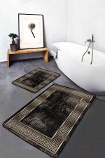 - PaspasTakimi-2li-Set1181-Gorsel-5 - Realhomes 2'li Set Gold - Siyah Zeminde Çerçeveli Motifli Altın Desenli Geometrik Avangarde 2'li Banyo & Mutfak Paspas Takımı Realhomes