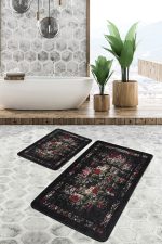 - PaspasTakimi-2li-Set1182-Gorsel - Realhomes  2'li Set Siyah - Kırmızı Zeminde Çiçek Motifli Eskitme Desenli Floral Eskitme Motifli  2'li Banyo & Mutfak Paspas Takımı Realhomes