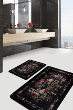 - PaspasTakimi-2li-Set1182-Gorsel-2 - Realhomes  2'li Set Siyah - Kırmızı Zeminde Çiçek Motifli Eskitme Desenli Floral Eskitme Motifli  2'li Banyo & Mutfak Paspas Takımı Realhomes