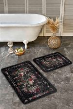 - Realhomes - Realhomes  2'li Set Siyah - Kırmızı Zeminde Çiçek Motifli Eskitme Desenli Floral Eskitme Motifli  2'li Banyo & Mutfak Paspas Takımı Realhomes