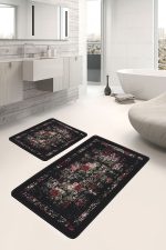 - PaspasTakimi-2li-Set1182-Gorsel-5 - Realhomes  2'li Set Siyah - Kırmızı Zeminde Çiçek Motifli Eskitme Desenli Floral Eskitme Motifli  2'li Banyo & Mutfak Paspas Takımı Realhomes