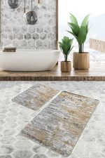 - PaspasTakimi-2li-Set1183-Gorsel - Realhomes  2'li Set Ekru - Sarı Zeminde Duvar Motifli Eskitme Desenli Eskitme Motifli Vintage  2'li Banyo & Mutfak Paspas Takımı Realhomes