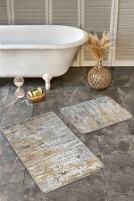 - Realhomes - Realhomes  2'li Set Ekru - Sarı Zeminde Duvar Motifli Eskitme Desenli Eskitme Motifli Vintage  2'li Banyo & Mutfak Paspas Takımı Realhomes