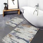 2'li Set Gri - Siyah Zeminde Çerçeveli Motifli Eskitme Desenli Geometrik Sade & Şık  2'li Banyo & Mutfak Paspas Takımı Realhomes