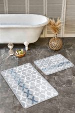 - Realhomes - Realhomes  2'li Set Gri Zeminde Dokuma Halı Motifli Geometrik Desenli Geometrik Sade & Şık  2'li Banyo & Mutfak Paspas Takımı Realhomes