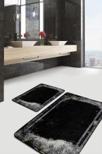 - PaspasTakimi-2li-Set1187-Gorsel-2 - Realhomes 2'li Set Siyah - Gri Zeminde Çerçeveli Motifli Eskitme Desenli Avangarde Eskitme Motifli 2'li Banyo & Mutfak Paspas Takımı Realhomes
