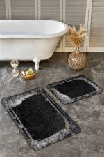 - Realhomes - Realhomes 2'li Set Siyah - Gri Zeminde Çerçeveli Motifli Eskitme Desenli Avangarde Eskitme Motifli 2'li Banyo & Mutfak Paspas Takımı Realhomes