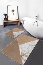 - PaspasTakimi-2li-Set1189-Gorsel-1 - Realhomes 2'li Set Gold - Kahverengi Zeminde Mermer Motifli Altın Desenli Geometrik Sade & Şık 2'li Banyo & Mutfak Paspas Takımı Realhomes