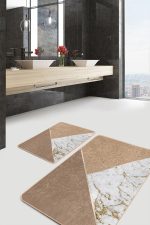 - PaspasTakimi-2li-Set1189-Gorsel-2 - Realhomes 2'li Set Gold - Kahverengi Zeminde Mermer Motifli Altın Desenli Geometrik Sade & Şık 2'li Banyo & Mutfak Paspas Takımı Realhomes