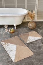 - Realhomes - Realhomes 2'li Set Gold - Kahverengi Zeminde Mermer Motifli Altın Desenli Geometrik Sade & Şık 2'li Banyo & Mutfak Paspas Takımı Realhomes