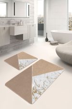 - PaspasTakimi-2li-Set1189-Gorsel-5 - Realhomes 2'li Set Gold - Kahverengi Zeminde Mermer Motifli Altın Desenli Geometrik Sade & Şık 2'li Banyo & Mutfak Paspas Takımı Realhomes