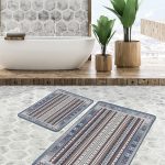 2'li Set Renkli Zeminde Modern Motifli Halı Desenli Vintage Eskitme Motifli  2'li Banyo & Mutfak Paspas Takımı Realhomes