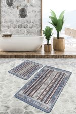 - PaspasTakimi-2li-Set1190-Gorsel - Realhomes 2'li Set Mavi Zeminde Kilim Motifli Hereke Desenli Etnik Motifler Avangarde 2'li Banyo & Mutfak Paspas Takımı Realhomes