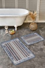 - Realhomes - Realhomes 2'li Set Mavi Zeminde Kilim Motifli Hereke Desenli Etnik Motifler Avangarde 2'li Banyo & Mutfak Paspas Takımı Realhomes