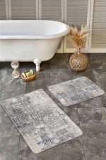 - Realhomes - Realhomes  2'li Set Ekru - Gri Zeminde Eskitme Motifli Antik Desenli Etnik Motifler Eskitme Motifli  2'li Banyo & Mutfak Paspas Takımı Realhomes