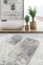 - PaspasTakimi-2li-Set1191-Gorsel-2 - Realhomes  2'li Set Ekru - Gri Zeminde Eskitme Motifli Antik Desenli Etnik Motifler Eskitme Motifli  2'li Banyo & Mutfak Paspas Takımı Realhomes