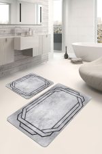 - PaspasTakimi-2li-Set1192-Gorsel-1 - Realhomes 2'li Set Gri - Siyah Zeminde Çerçeveli Motifli Antik Desenli Avangarde Geometrik 2'li Banyo & Mutfak Paspas Takımı Realhomes