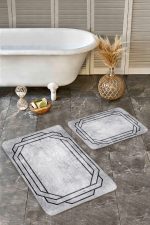 - Realhomes - Realhomes 2'li Set Gri - Siyah Zeminde Çerçeveli Motifli Antik Desenli Avangarde Geometrik 2'li Banyo & Mutfak Paspas Takımı Realhomes