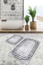 - PaspasTakimi-2li-Set1192-Gorsel-2 - Realhomes 2'li Set Gri - Siyah Zeminde Çerçeveli Motifli Antik Desenli Avangarde Geometrik 2'li Banyo & Mutfak Paspas Takımı Realhomes