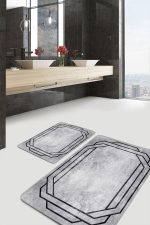 - PaspasTakimi-2li-Set1192-Gorsel-5 - Realhomes 2'li Set Gri - Siyah Zeminde Çerçeveli Motifli Antik Desenli Avangarde Geometrik 2'li Banyo & Mutfak Paspas Takımı Realhomes
