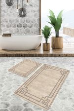 - PaspasTakimi-2li-Set1193-Gorsel-1 - Realhomes  2'li Set Krem - Kahverengi Zeminde Çerçeveli Motifli Dokuma Desenli Avangarde Geometrik  2'li Banyo & Mutfak Paspas Takımı Realhomes