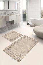 - PaspasTakimi-2li-Set1193-Gorsel - Realhomes  2'li Set Krem - Kahverengi Zeminde Çerçeveli Motifli Dokuma Desenli Avangarde Geometrik  2'li Banyo & Mutfak Paspas Takımı Realhomes