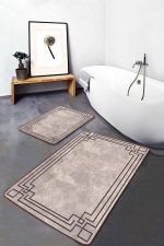 2'li Set Krem - Kahverengi Zeminde Çerçeveli Motifli Eskitme Desenli Sade & Şık Geometrik  2'li Banyo & Mutfak Paspas Takımı Realhomes