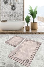 2'li Set Krem - Kahverengi Zeminde Çerçeveli Motifli Eskitme Desenli Sade & Şık Geometrik  2'li Banyo & Mutfak Paspas Takımı Realhomes