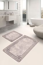 2'li Set Krem - Kahverengi Zeminde Çerçeveli Motifli Eskitme Desenli Sade & Şık Geometrik  2'li Banyo & Mutfak Paspas Takımı Realhomes