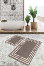 - PaspasTakimi-2li-Set1195-Gorsel-1 - Realhomes  2'li Set Kahverengi - Beyaz Zeminde Çerçeveli Motifli Mermer Desenli Sade & Şık Geometrik  2'li Banyo & Mutfak Paspas Takımı Realhomes