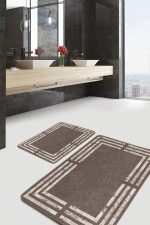 - PaspasTakimi-2li-Set1195-Gorsel-4 - Realhomes  2'li Set Kahverengi - Beyaz Zeminde Çerçeveli Motifli Mermer Desenli Sade & Şık Geometrik  2'li Banyo & Mutfak Paspas Takımı Realhomes