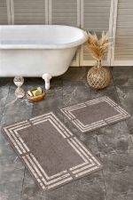 - Realhomes - Realhomes  2'li Set Kahverengi - Beyaz Zeminde Çerçeveli Motifli Mermer Desenli Sade & Şık Geometrik  2'li Banyo & Mutfak Paspas Takımı Realhomes