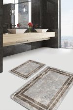 - PaspasTakimi-2li-Set1197-Gorsel-1 - Realhomes 2'li Set Gri - Kahverngi Zeminde Çerçeveli Motifli Eskitme Desenli Sade & Şık Avangarde 2'li Banyo & Mutfak Paspas Takımı Realhomes