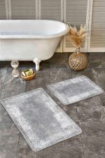 - Realhomes - Realhomes 2'li Set Gri - Beyaz Zeminde Çerçeveli Motifli Antik Desenli Eskitme Motifli Avangarde 2'li Banyo & Mutfak Paspas Takımı Realhomes