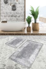 - PaspasTakimi-2li-Set1198-Gorsel-5 - Realhomes 2'li Set Gri - Beyaz Zeminde Çerçeveli Motifli Antik Desenli Eskitme Motifli Avangarde 2'li Banyo & Mutfak Paspas Takımı Realhomes