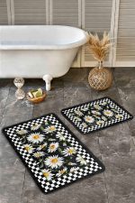 - Realhomes - Realhomes 2'li Set Siyah - Beyaz Zeminde Çerçeveli Motifli Papatya Desenli Floral Sade & Şık 2'li Banyo & Mutfak Paspas Takımı Realhomes