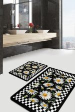 - PaspasTakimi-2li-Set1199-Gorsel - Realhomes 2'li Set Siyah - Beyaz Zeminde Çerçeveli Motifli Papatya Desenli Floral Sade & Şık 2'li Banyo & Mutfak Paspas Takımı Realhomes
