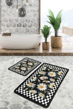 - PaspasTakimi-2li-Set1199-Gorsel-4 - Realhomes 2'li Set Siyah - Beyaz Zeminde Çerçeveli Motifli Papatya Desenli Floral Sade & Şık 2'li Banyo & Mutfak Paspas Takımı Realhomes