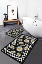 - PaspasTakimi-2li-Set1199-Gorsel-5 - Realhomes 2'li Set Siyah - Beyaz Zeminde Çerçeveli Motifli Papatya Desenli Floral Sade & Şık 2'li Banyo & Mutfak Paspas Takımı Realhomes