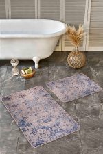 - Realhomes - Realhomes 2'li Set Bej Zeminde Rustik Motifli Eskitme Desenli Etnik Motifler Eskitme Motifli 2'li Banyo & Mutfak Paspas Takımı Realhomes