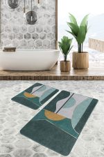 - PaspasTakimi-2li-Set1201-Gorsel-1 - Realhomes  2'li Set Yeşil Zeminde Geometrik Motifli Kanvas Desenli Geometrik Modern  2'li Banyo & Mutfak Paspas Takımı Realhomes